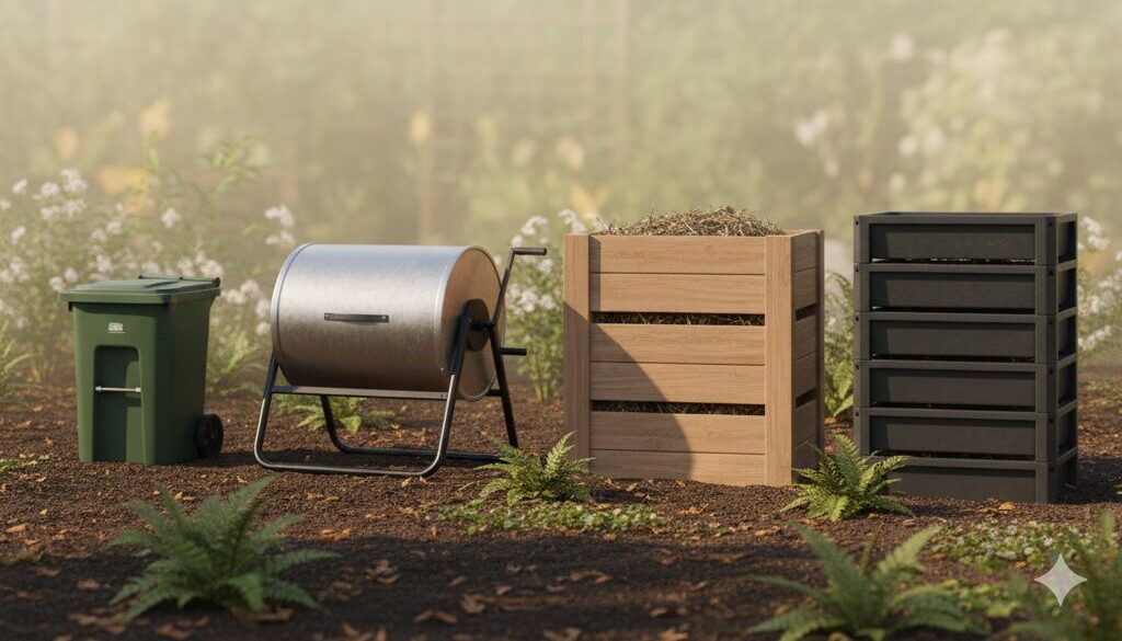 Different compost bins made of metal, plastic, and wood side by side