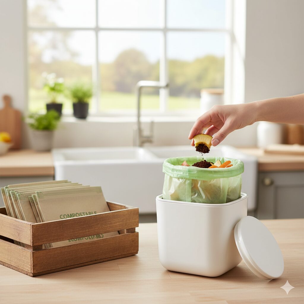 Eco-friendly compostable kitchen bags in a bin