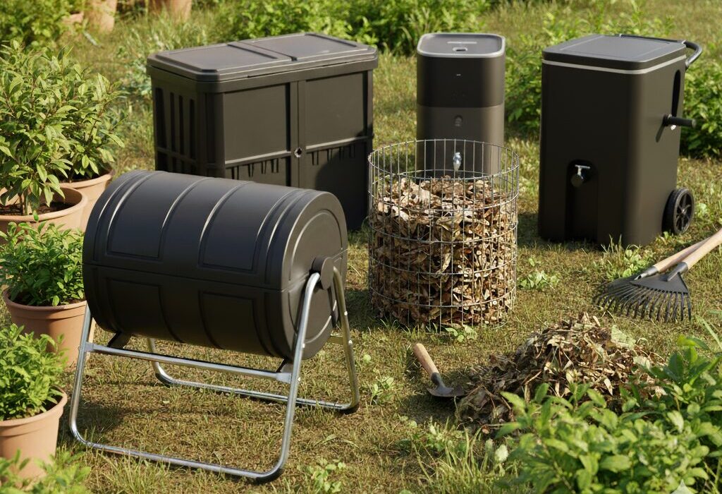 Outdoor compost bins in a bright backyard