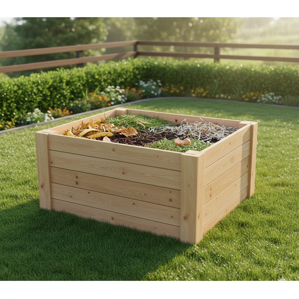 A natural wooden compost box in a small garden corner with soft daylight and clean wooden panels.