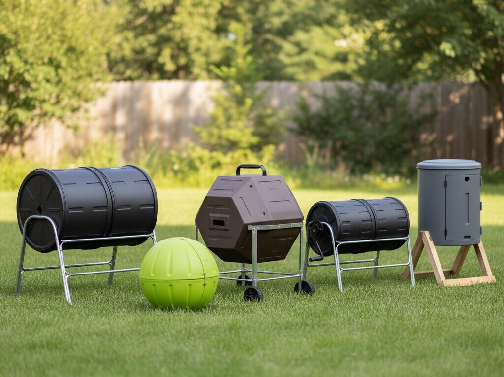 Compost tumblers arranged on a patio under sunlight