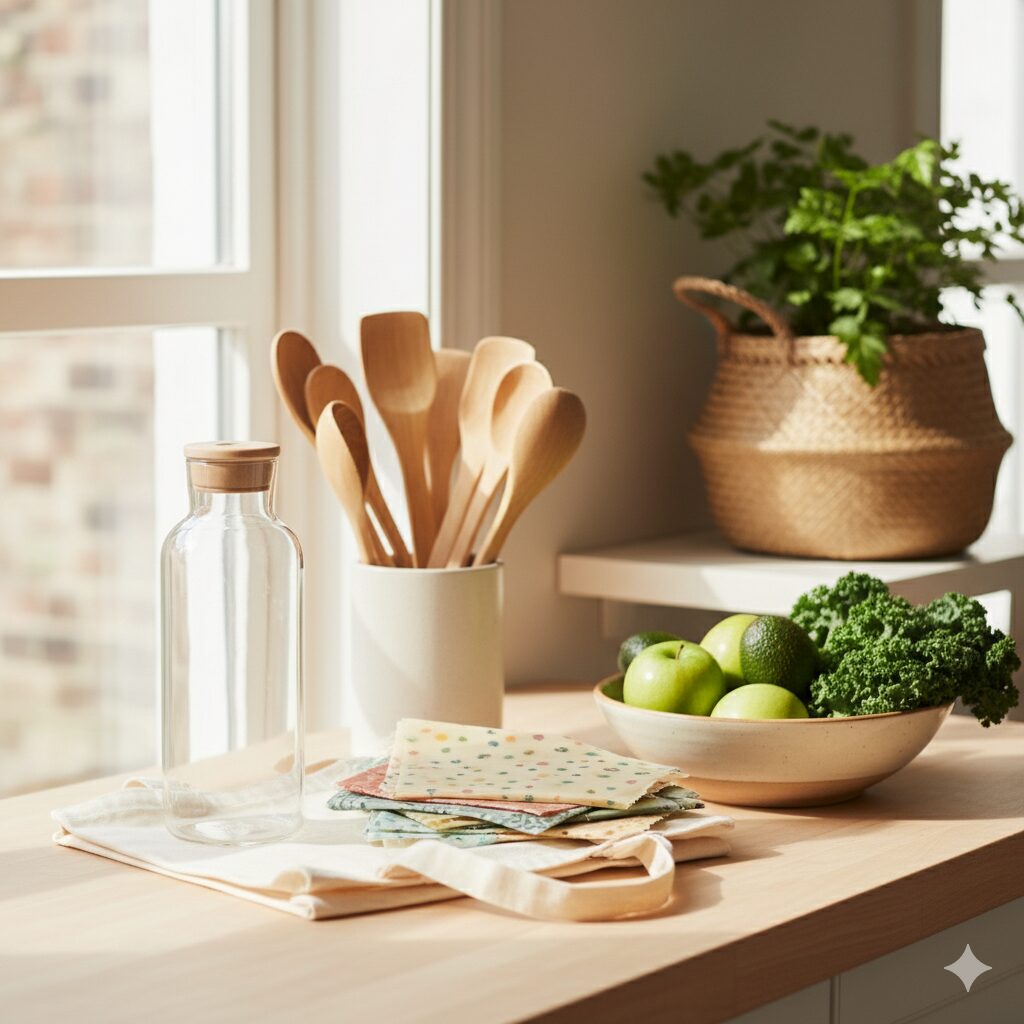 Calm eco-friendly lifestyle scene with natural textures and soft light