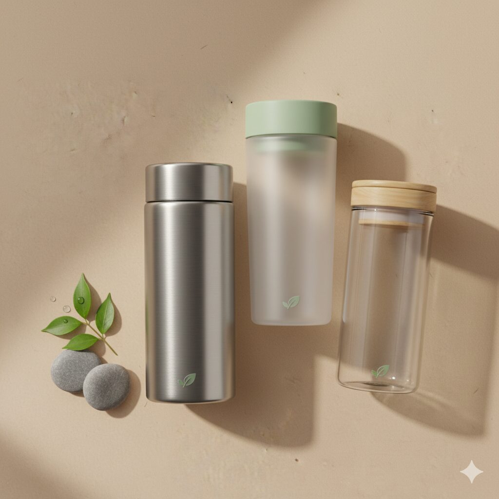 Reusable stainless steel, glass, and Tritan water bottles
