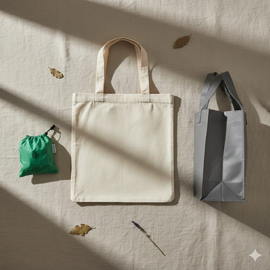 Reusable grocery tote bags flat-lay