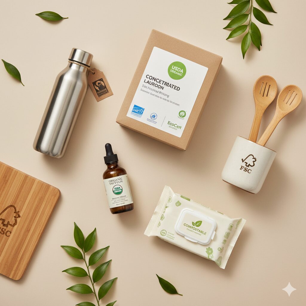 Eco-certified product flat-lay with labels and leaves