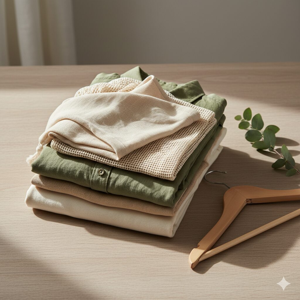Folded natural fiber clothing and textiles in soft earthy tones