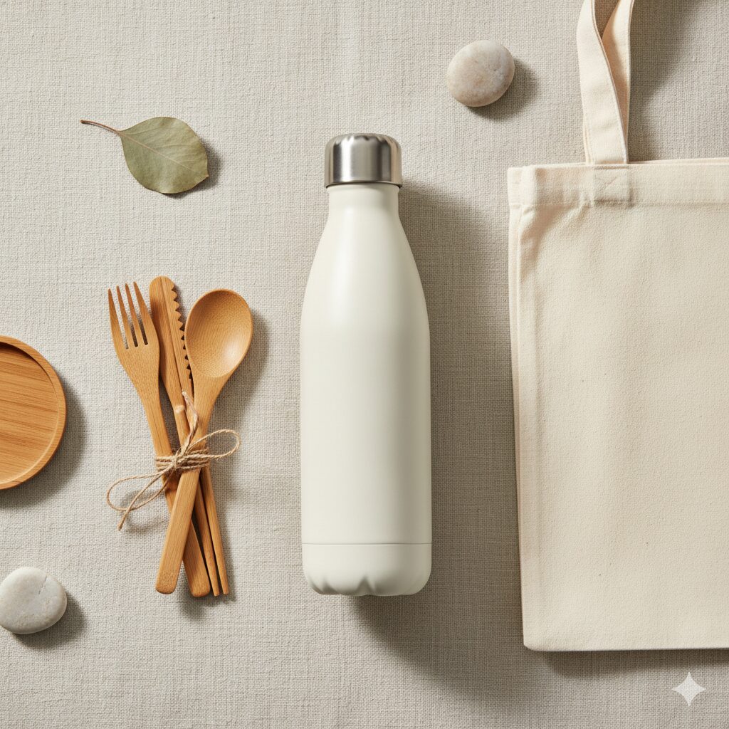 Soft neutral workspace with natural light, notebook, and eco-friendly elements symbolizing sharing mindful knowledge.