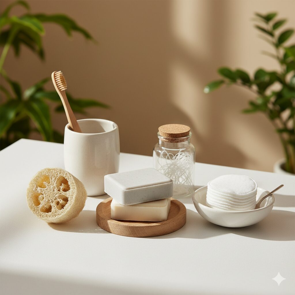 Natural personal care products arranged in a calm, eco-friendly scene