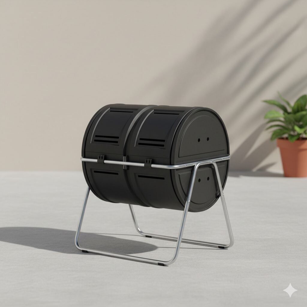 Outdoor compost tumbler setup with clean modern aesthetic