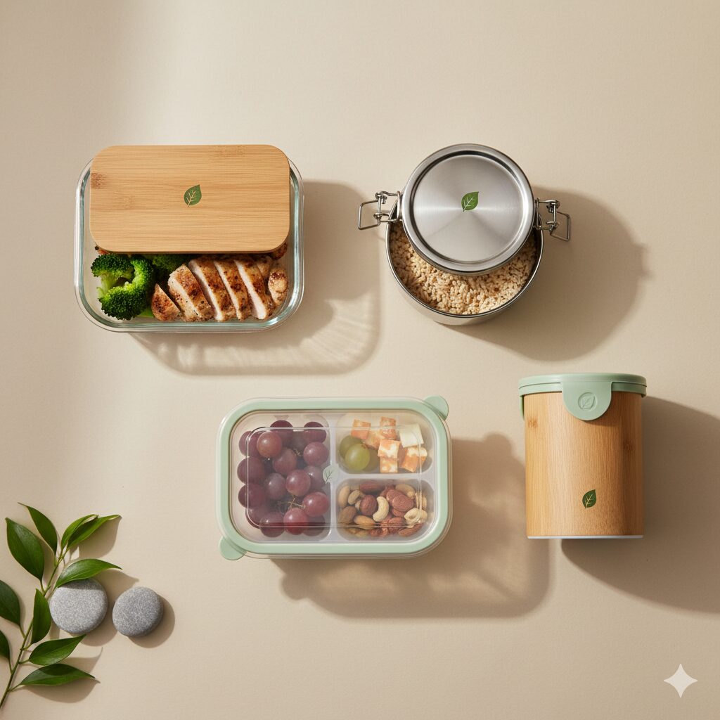 Glass and stainless steel meal prep containers