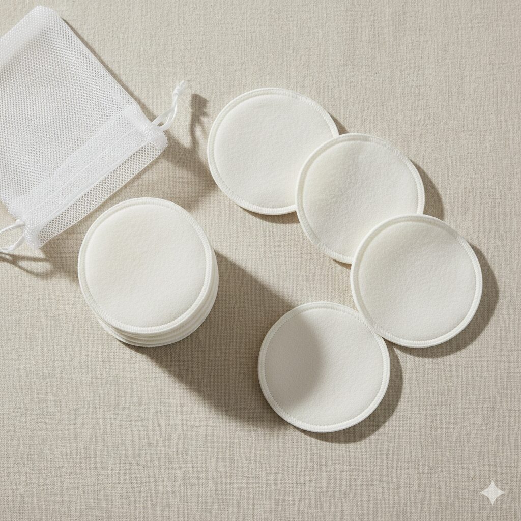 reusable cotton rounds in a soft neutral bathroom setting