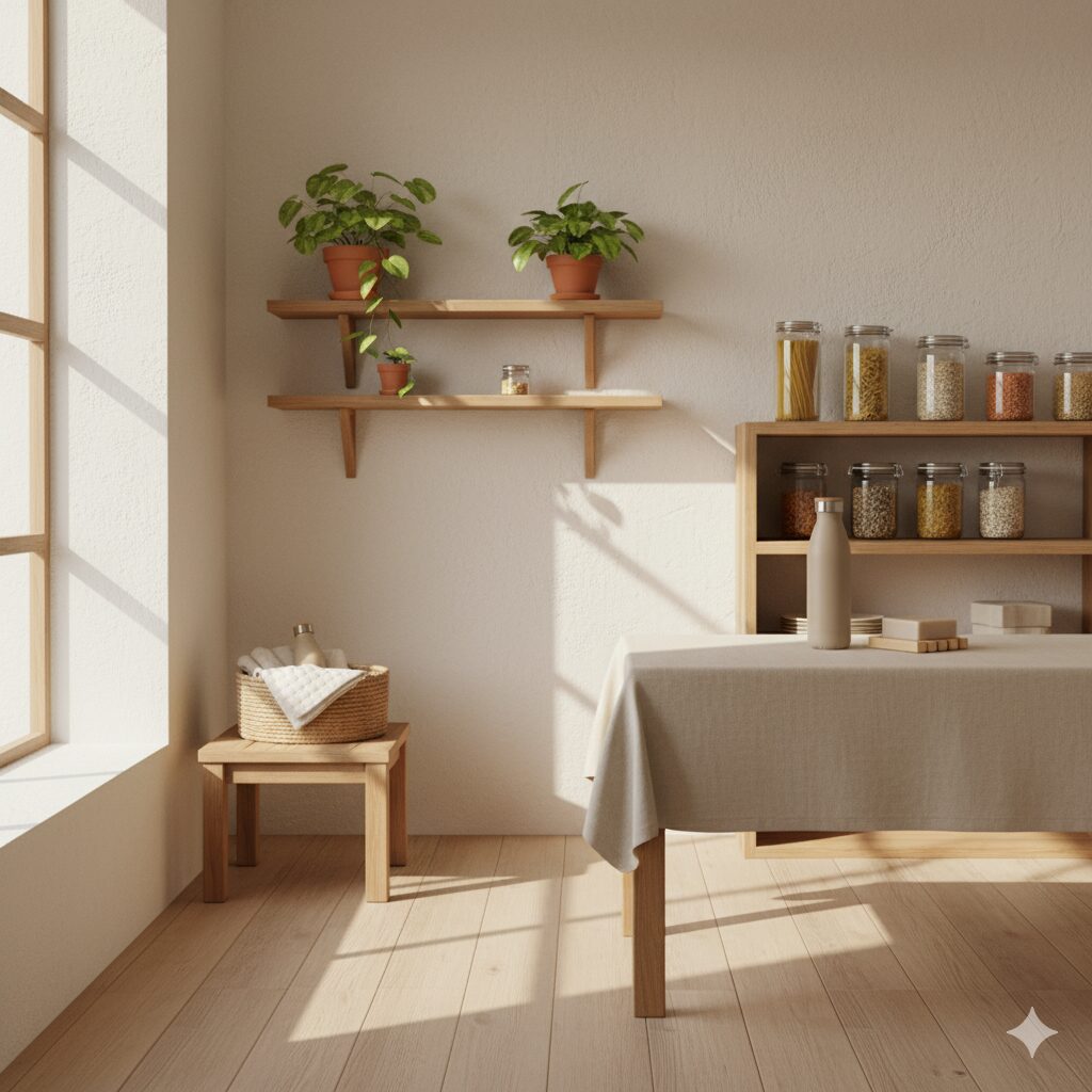 Calm compost-friendly kitchen scene with natural textures and neutral tones