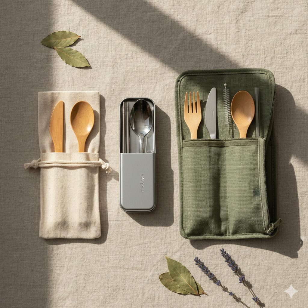 Reusable bamboo and stainless cutlery sets