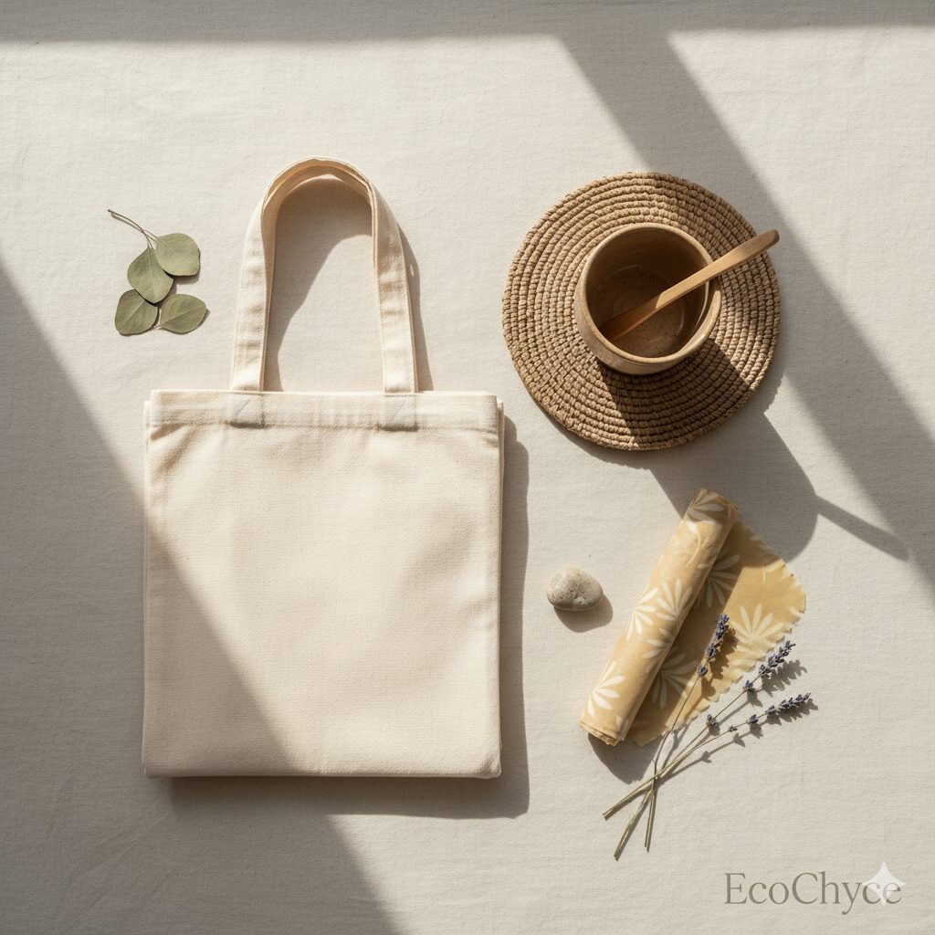 Neutral sustainable flatlay with natural textures and soft tones