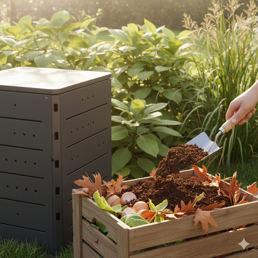 Backyard compost setup surrounded by greenery and sunlight