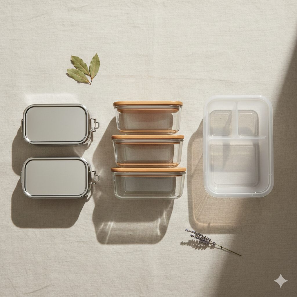 Glass and stainless reusable food storage containers