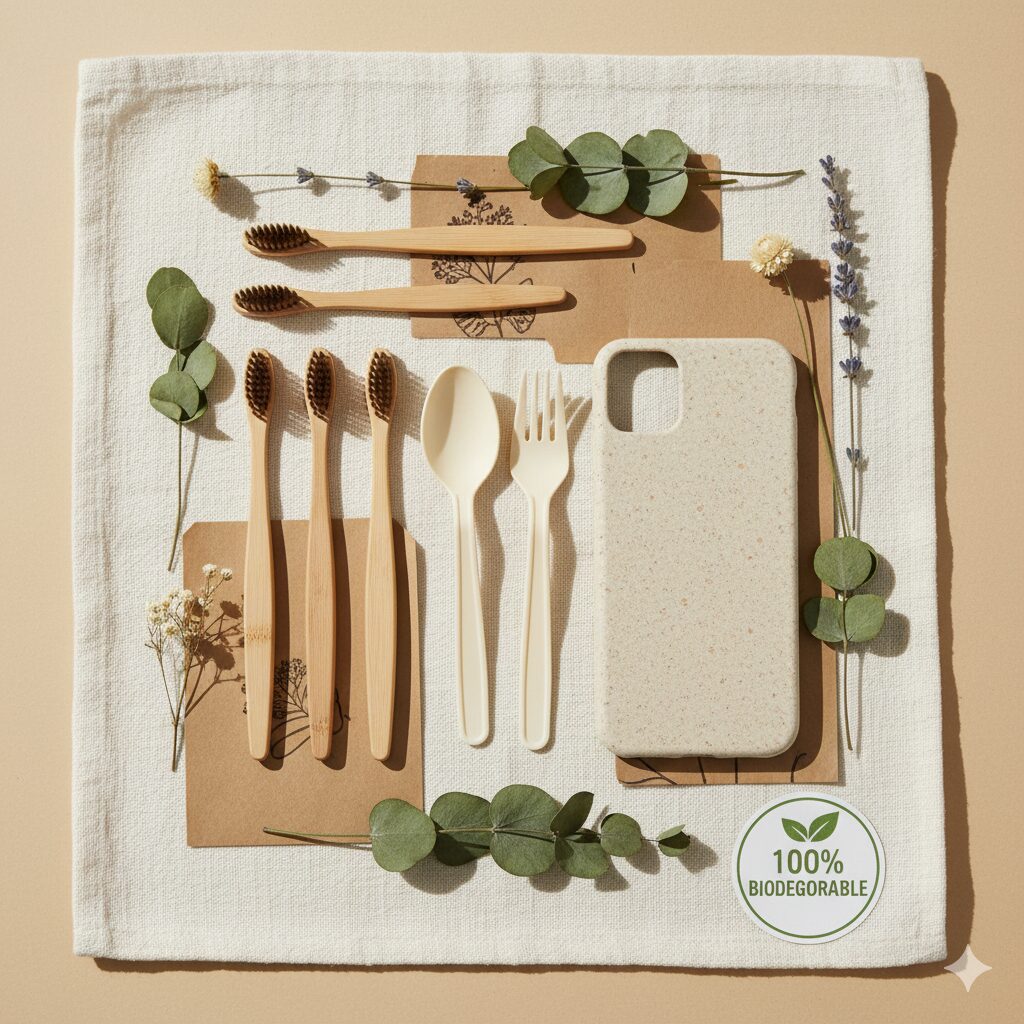 Natural biodegradable materials with soft sage tones and calm light