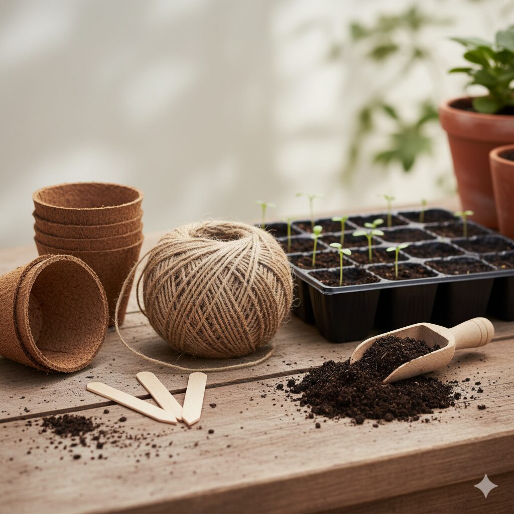 Biodegradable garden supplies like coir pots and plant ties