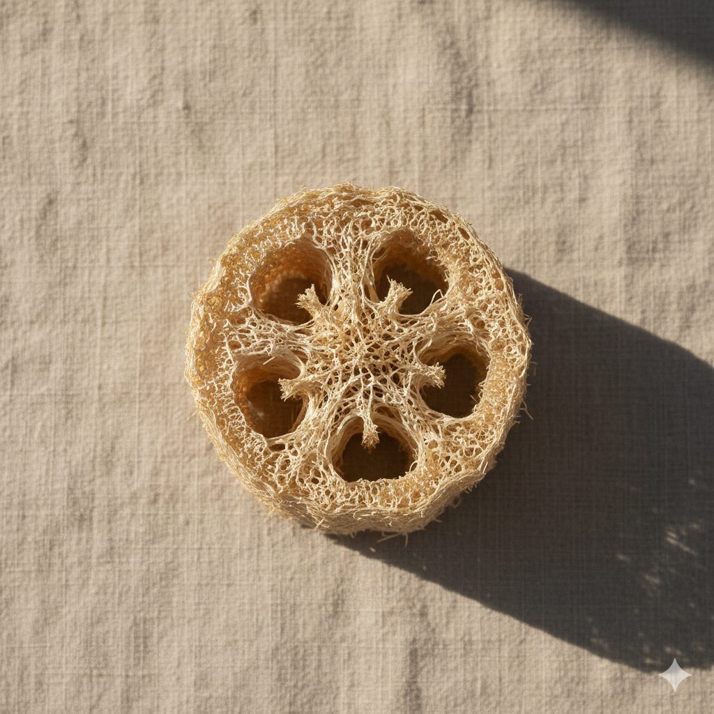 natural loofah on a clean bathroom setup
