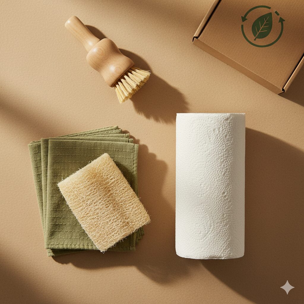 Biodegradable household cleaning items on a neutral background