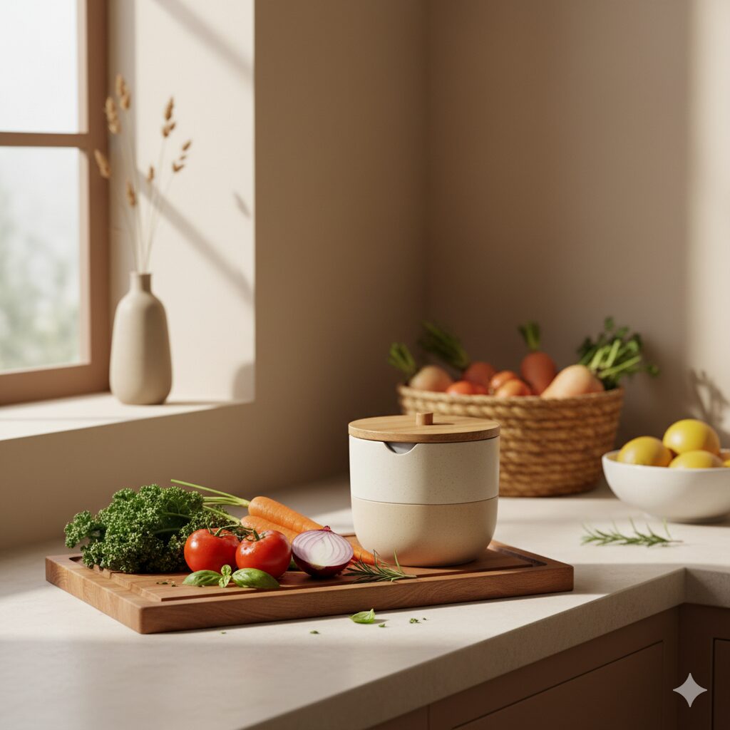 Minimal kitchen counter with a small compost caddy for food scraps