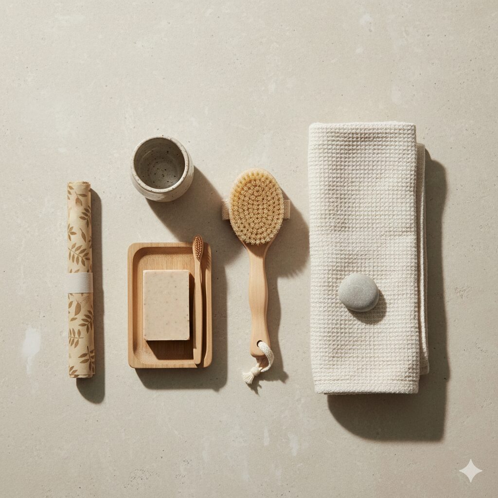Soft sustainable bathroom flatlay with natural textures and light neutral tones