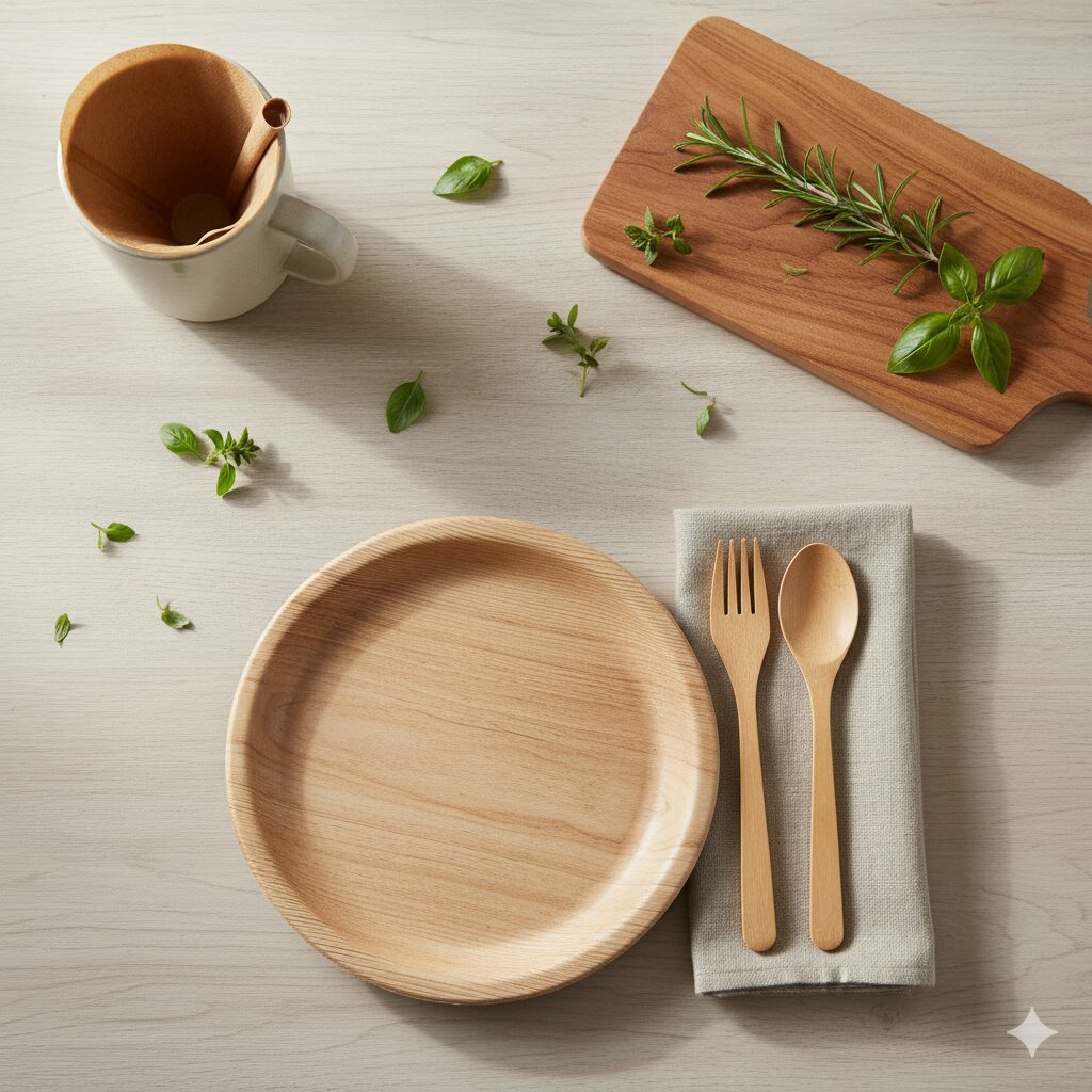 Biodegradable kitchen and dining products like bamboo cutlery and palm leaf plates