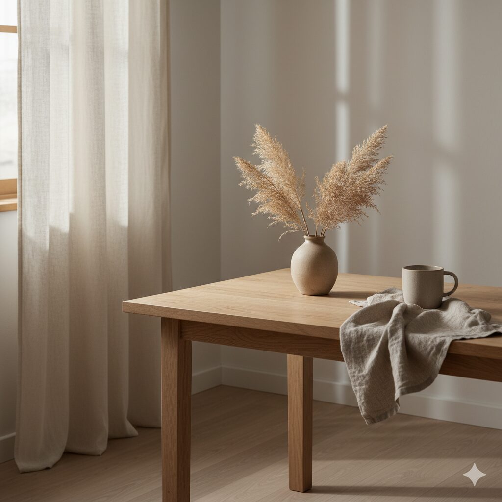 Minimal home interior with warm light, wooden table, dried pampas grass, and linen curtain — reflecting calm, eco-friendly living.