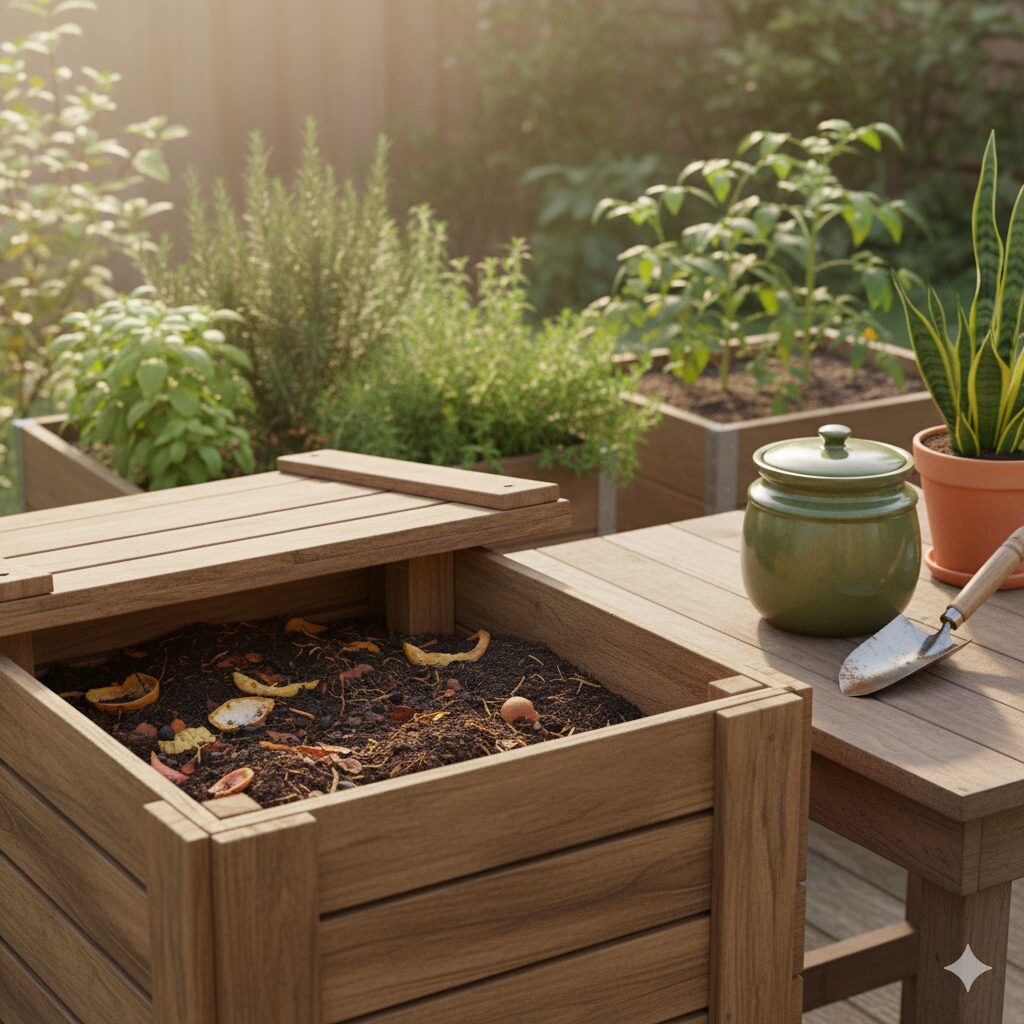 Compost setup with earthy textures and calm natural light