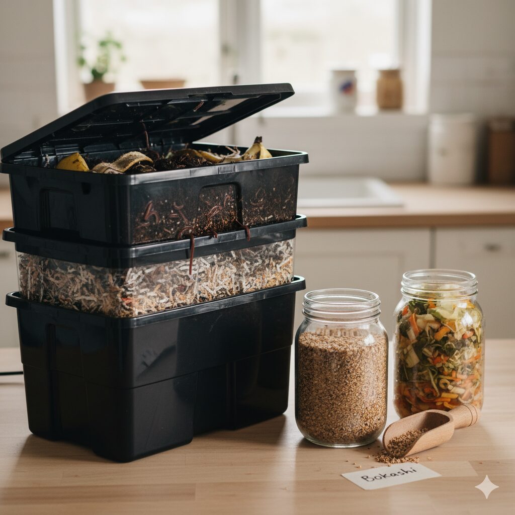 Neat indoor setup with a Bokashi compost bucket and worm bin supplies