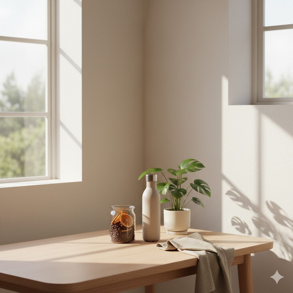 Luxury minimal eco-friendly interior with warm neutral tones and natural textures