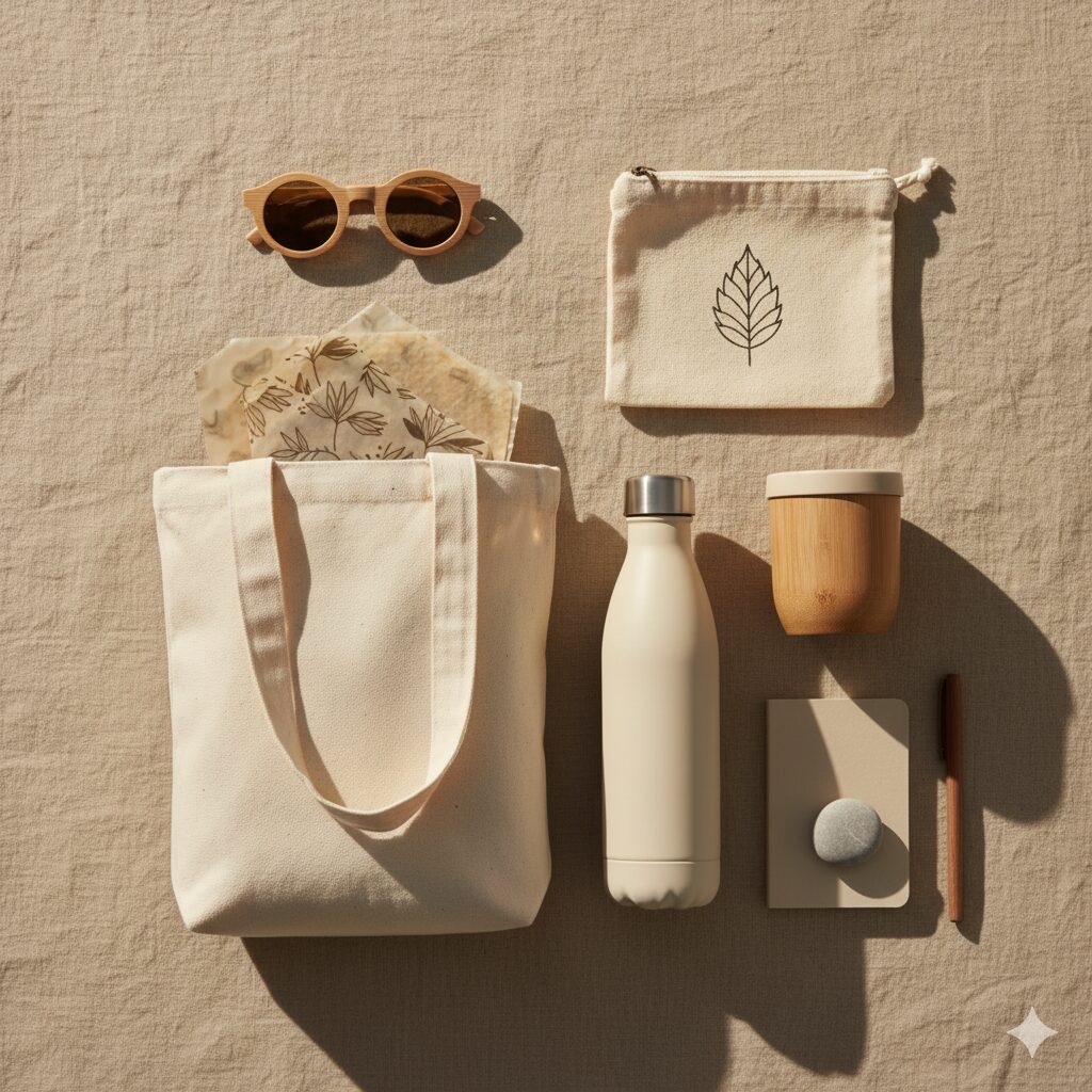 Minimal sustainable lifestyle flatlay with natural textures and neutral earthy tones