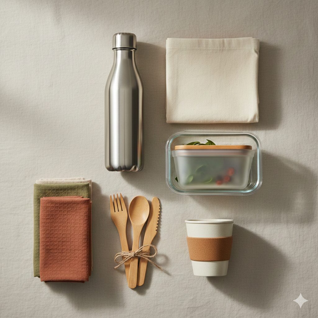Everyday reusable items flat-lay