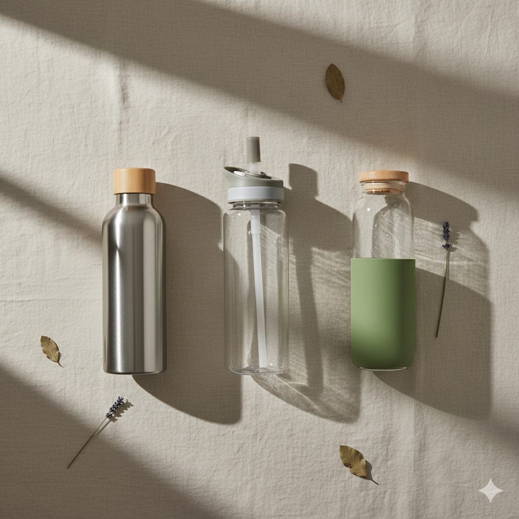 Reusable water bottle flat-lay